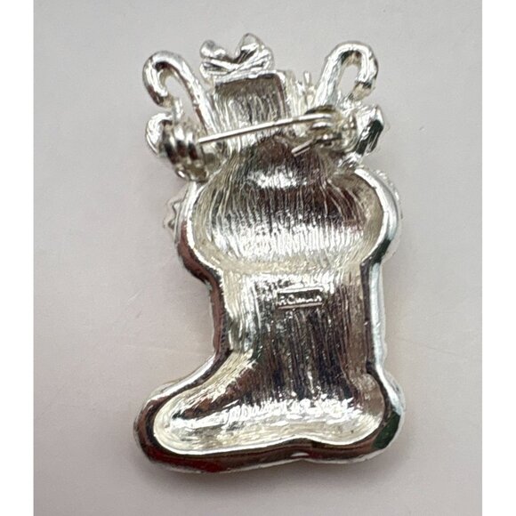 Gold Tone Christmas Stocking Brooch Rhinestone Pin ROMAN Festive Holiday - Picture 2 of 7